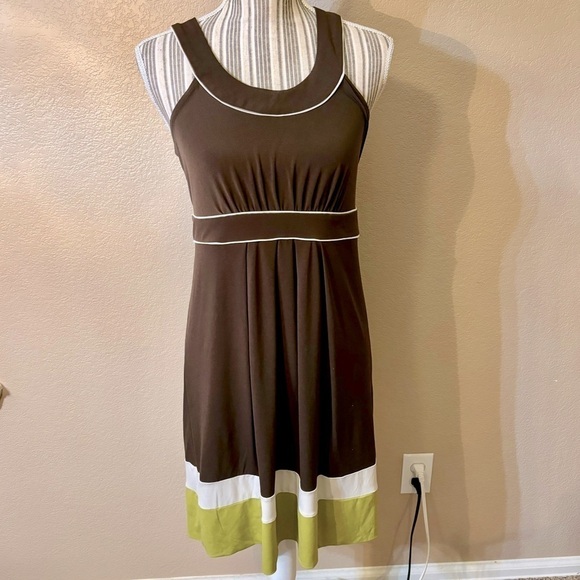 Banana Republic Dress Small Stretch Brown White Avocado Green Sleeveless Boho - Picture 1 of 14